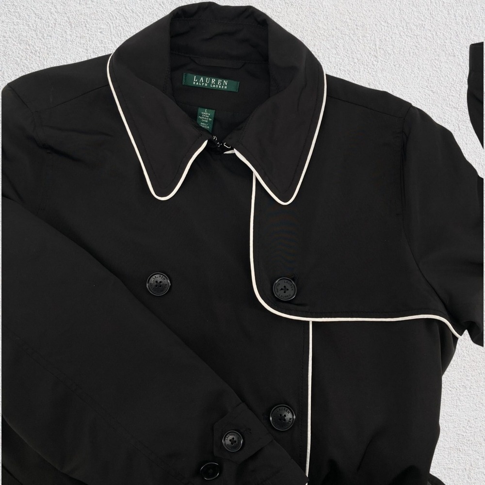 Lauren Ralph Lauren Black Trench‎ Coat White Piping Belted Women L Classic Paris